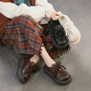 通勤百搭系带女鞋 杰骤2026春季 时尚 舒适复古增高里外牛皮单鞋 新款