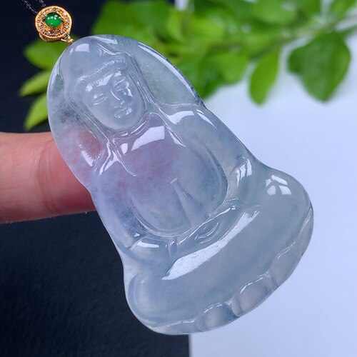 天然缅甸翡翠A货老坑料冰种素衣观音菩萨吊坠18K金扣头完美男女款