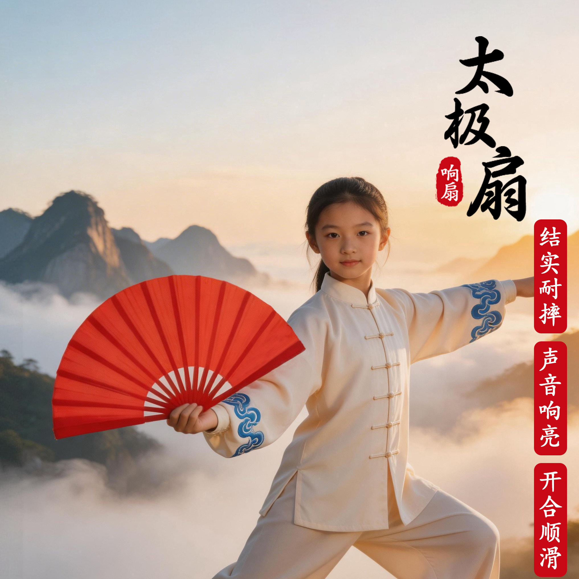 太极功夫扇双面中国红武术表演图片