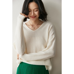 高级肌理感V领羊绒衫 女秋冬宽松慵懒套头内搭毛衣羊毛针织打底衫