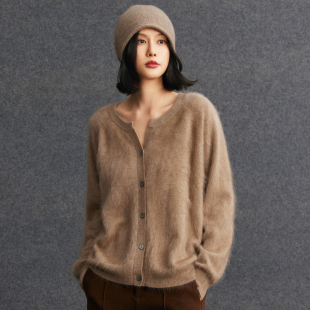 拉绒100%纯山羊绒开衫 圆领针织毛衣外套宽松慵懒风外搭上衣 女春季