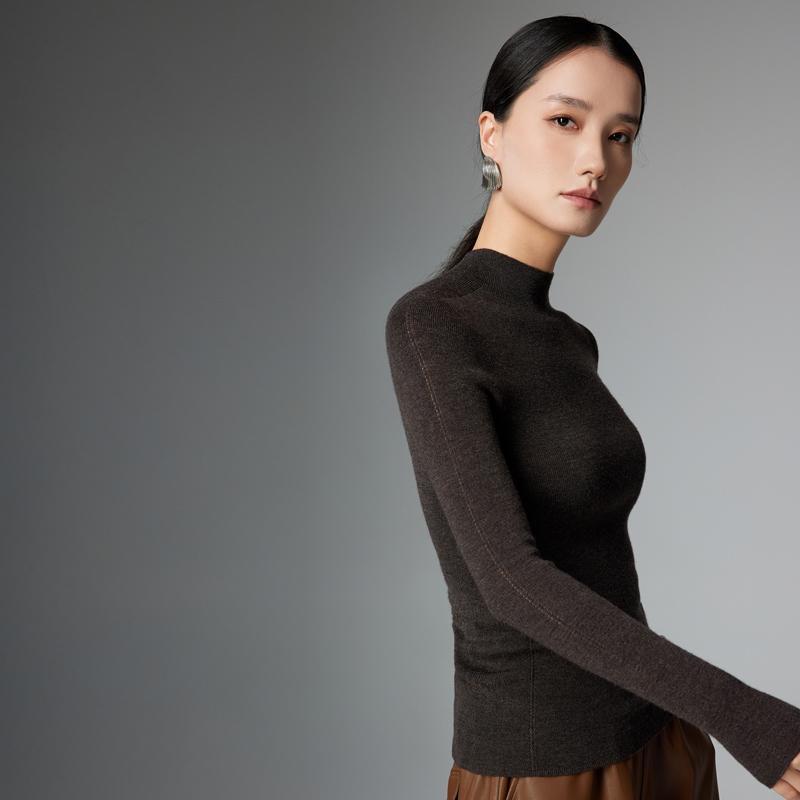可机洗100%美丽诺羊毛衫女无缝一体针织毛衣秋冬半高领修身打底衫