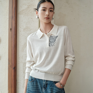 针织毛衣打底衫 80支精纺超薄小猫嵌花polo领羊绒衫 女秋冬套头长袖