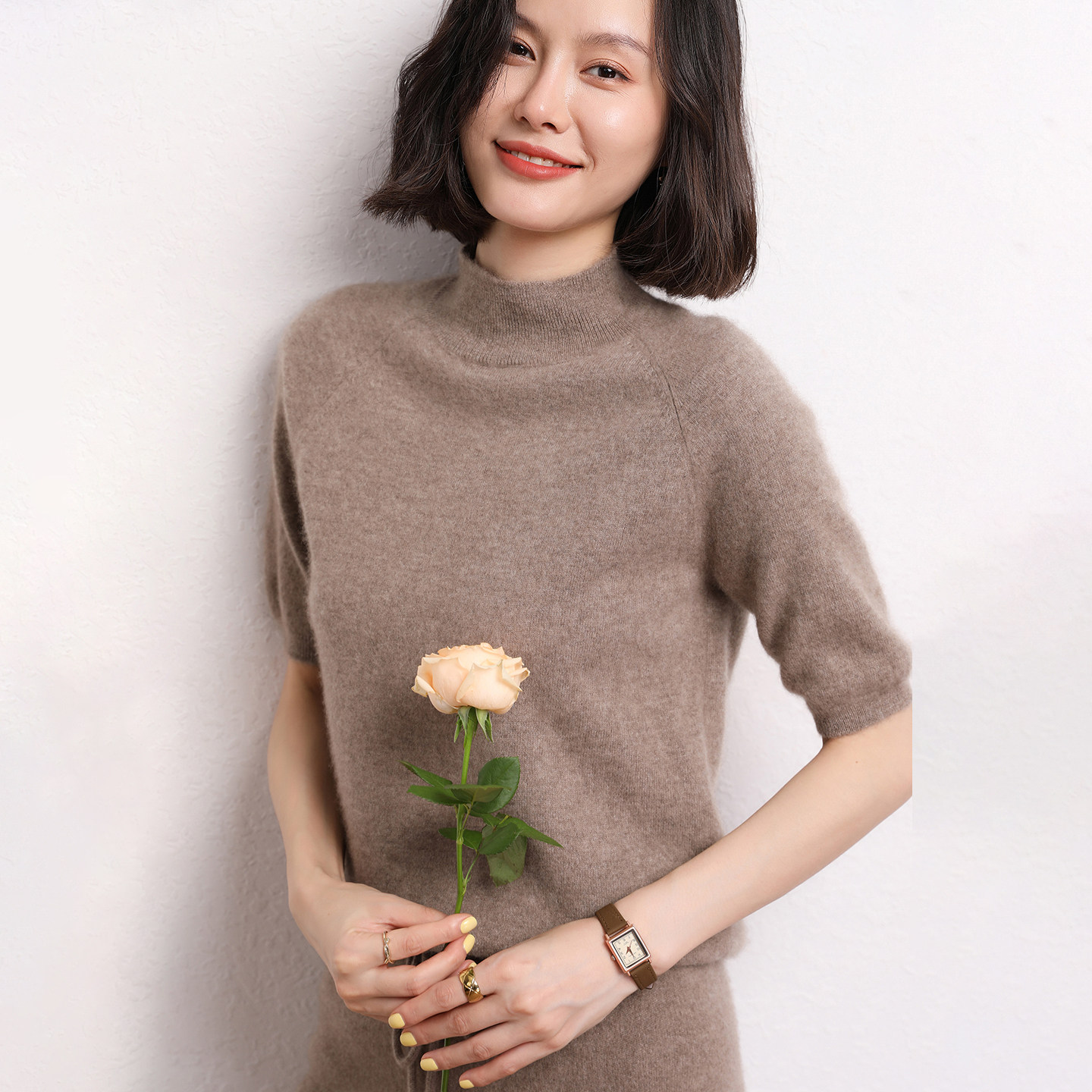 轻熟优雅风半高领短袖山羊绒针织衫女套头保暖中袖毛衣羊毛打底衫