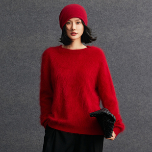 拉绒100%纯山羊绒毛衣女秋冬季 打底上衣 圆领套头宽松慵懒风针织衫