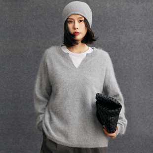 毛衣 套头长袖 拉绒100%纯山羊绒衫 女秋冬V领宽松慵懒风针织打底衫
