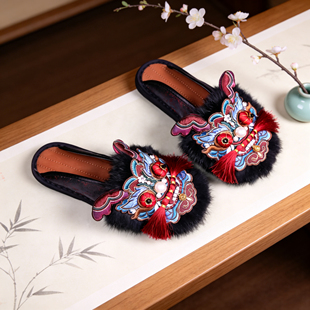 千层底『玄龙』牛仔刺绣龙头鞋国风非遗手工虎头鞋北京布鞋拖鞋黑