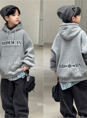 布芮欧童装2025冬款男童女童韩范字母印花一体绒卫衣套头衫39015