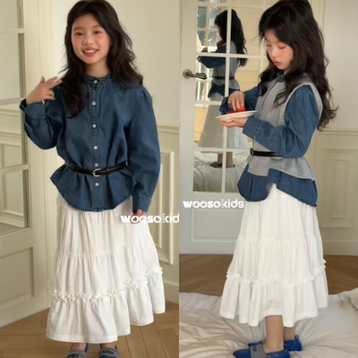 wooso童装2026春款女童独特马甲衬衫两件套宽松休闲韩版套装33107