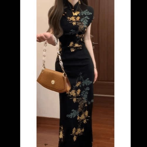 新中式黑色印花旗袍复古夏季气质高级感港风修身复古中国风