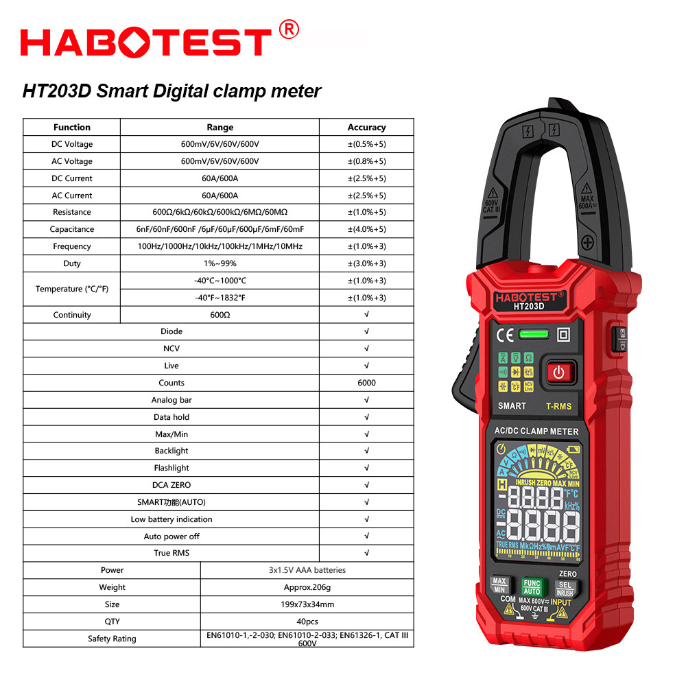 HT203D华博新款交直流智能数字钳形表