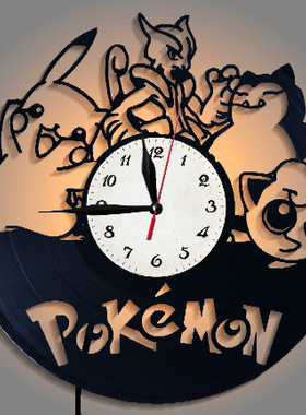 跨境爆款Pikachu黑胶唱片挂钟LED夜灯遥控多色 皮卡丘创意时钟礼