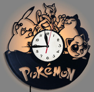 跨境爆款 皮卡丘创意时钟礼 Pikachu黑胶唱片挂钟LED夜灯遥控多色