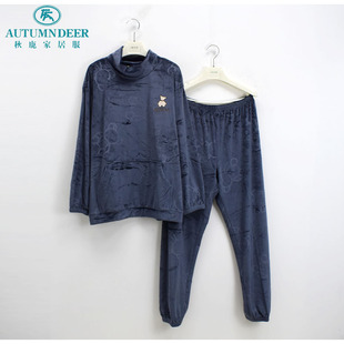 家居服 男保暖柔软双面海岛绒压花休闲长袖 秋鹿睡衣专柜新款 秋冬季