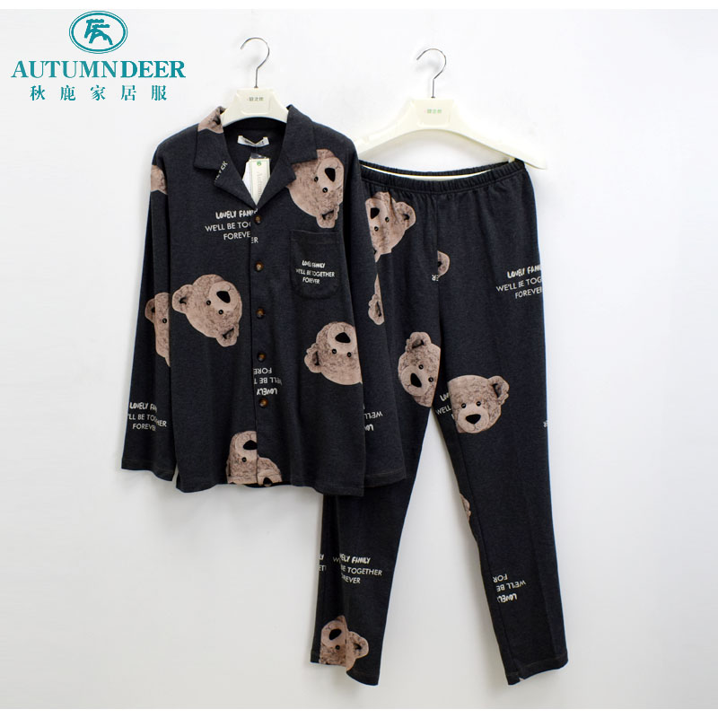 秋鹿睡衣秋季新款男士针织纯棉卡通小熊时尚开衫大码印花可外穿套
