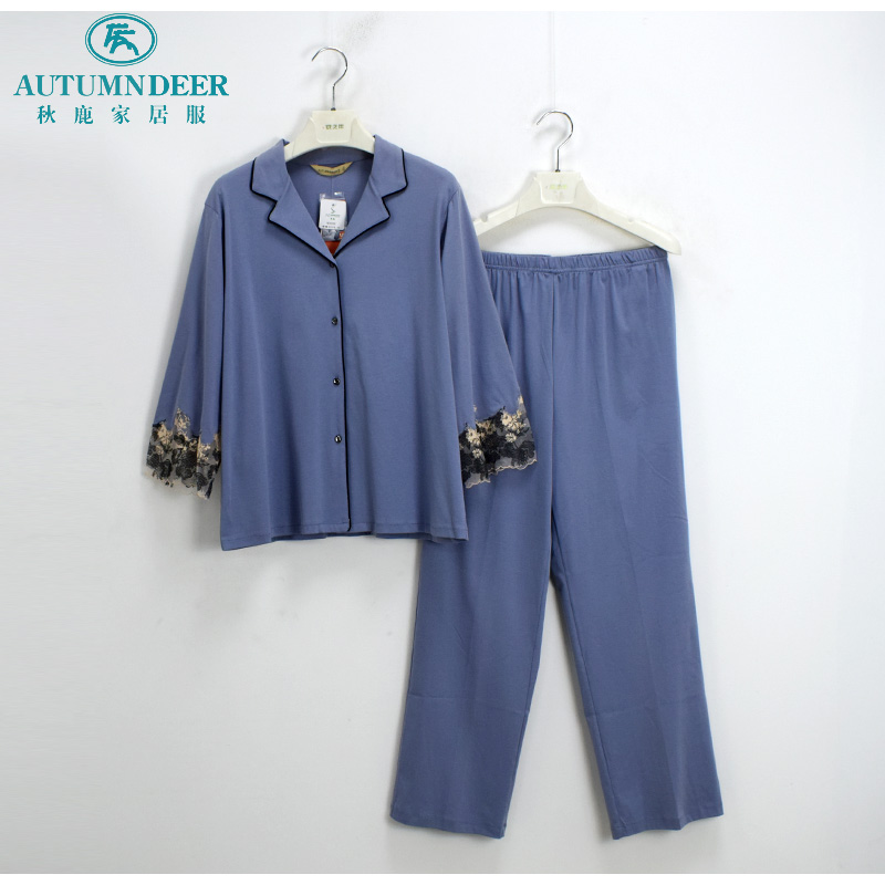 秋鹿睡衣春夏新款女士针织纯棉长袖长裤简约时尚开衫大码薄家居服