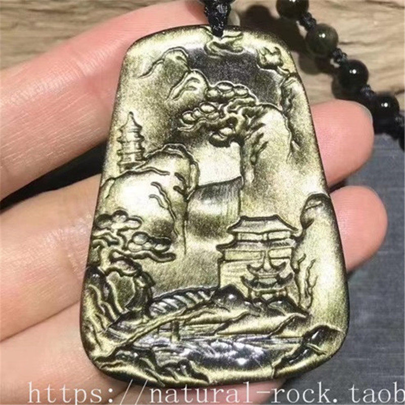 天然黑金曜石山水牌吊坠水晶圆形平安无事牌子男女胸怀山河前挂件