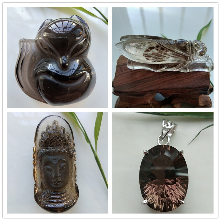 天然茶水晶狐狸钟馗双鲤鱼座观音菩萨头像吊坠墨晶千禧面银饰挂坠