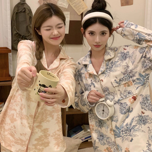 网红爆款冬季德绒睡衣女莫奈花园印花开衫家居服睡衣套装2023新款