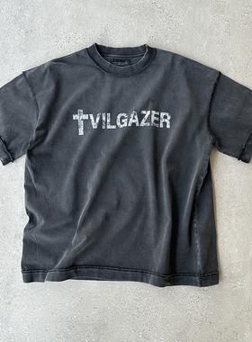 EVIL GAZER 复古洗水做旧十字架开裂破损字母炒色黑色宽松短袖T恤