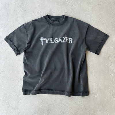 EVIL GAZER 复古洗水做旧十字架开裂破损字母炒色黑色宽松短袖T恤