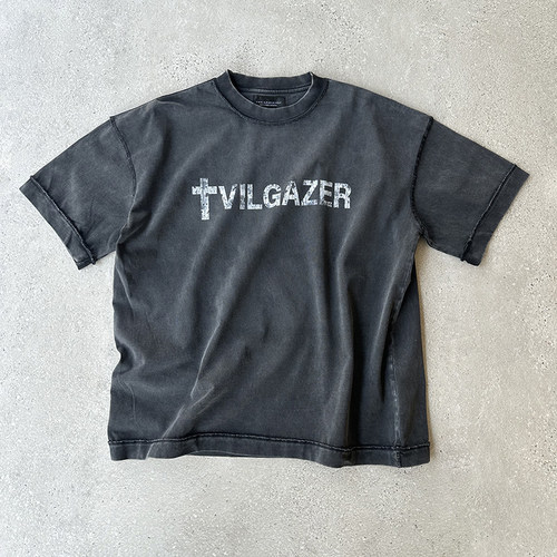 EVIL GAZER 复古洗水做旧十字架开裂破损字母炒色黑色宽松短袖T恤