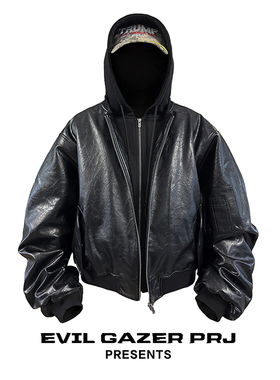 EVIL GAZER 暗黑风格重磅假两件拼接连帽皮革棉服外套棉衣BOMBER