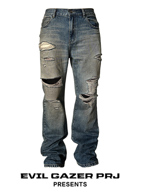 EVIL GAZER 复古newvintage微喇破洞脏染做旧牛仔长裤cleanfit