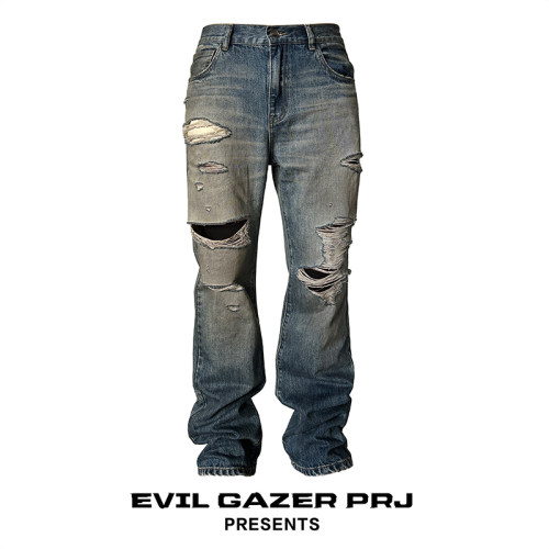 EVIL GAZER 复古newvintage微喇破洞脏染做旧牛仔长裤cleanfit