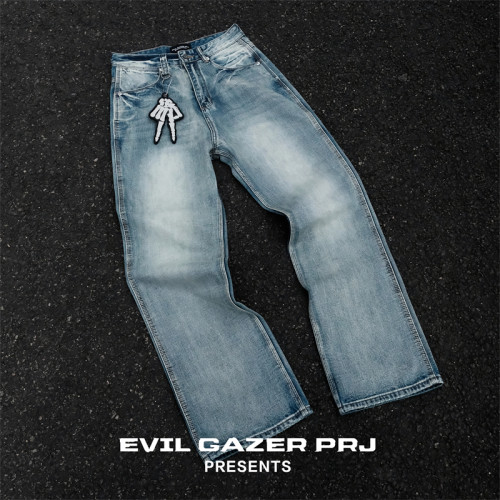 EVIL GAZER 雪花水洗牛王冰胶蓝色501直筒做旧毛边牛仔裤cleanfit