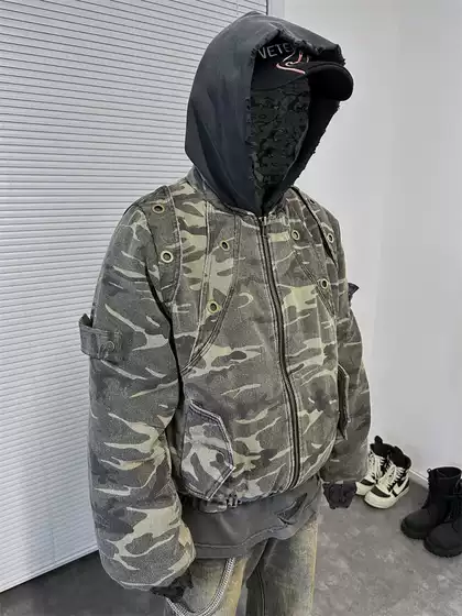 EVI GAZER Retro Camouflage ARCHIVE Cotton-Padded Short Bomber Jacket for Autumn and Winter