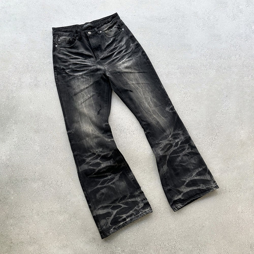 EVIL GAZER 立体猫须黑色水波纹“鬼洗”dirtyfit微喇叭牛仔长裤