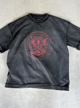 EVIL GAZER 复古洗水做旧破损反战老鹰炒色黑色宽松短袖T恤