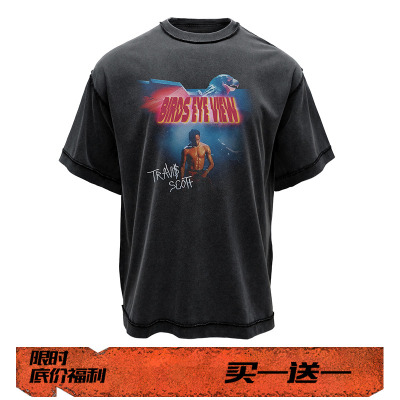 EVIL GAZER 复古水洗做旧newvintage印花宽松短袖T恤travis scott