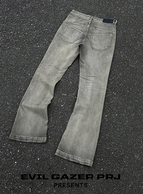 EVIL GAZER先锋暗黑风灰色做脏微喇叭修身弹力立体猫须牛仔长裤