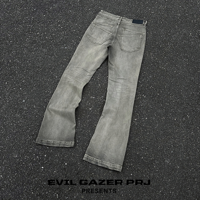 EVIL GAZER先锋暗黑风灰色做脏微喇叭修身弹力立体猫须牛仔长裤
