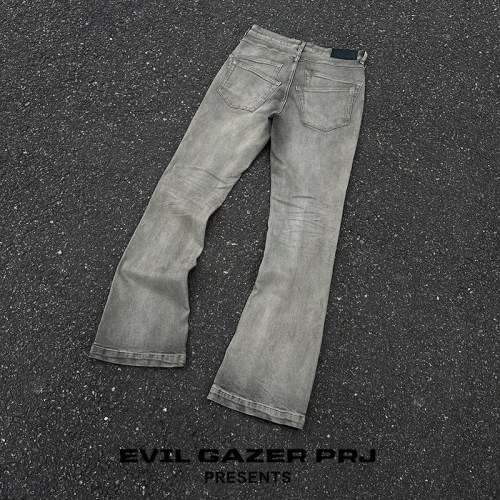 EVIL GAZER先锋暗黑风灰色做脏微喇叭修身弹力立体猫须牛仔长裤