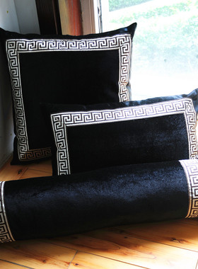 高级感黑金丝绒刺绣边抱枕黑色欧式沙发靠垫腰枕欧式中式长抱枕