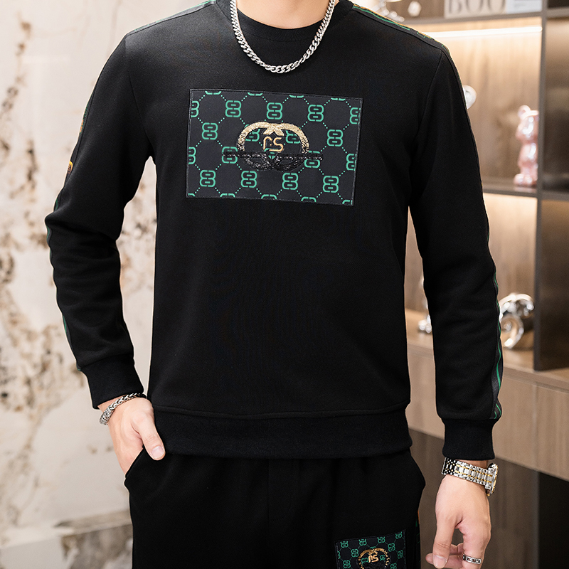 秋冬时尚套装简欧圆领休闲男士卫衣两件长袖长裤印花黑色9350P120，男装休闲套装，星座1207