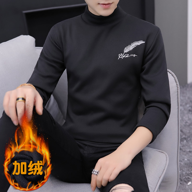 冬季半高领刺绣卫衣男内衣休闲加绒加厚保暖打底羽毛套头白316P20,男装卫衣,星座1207