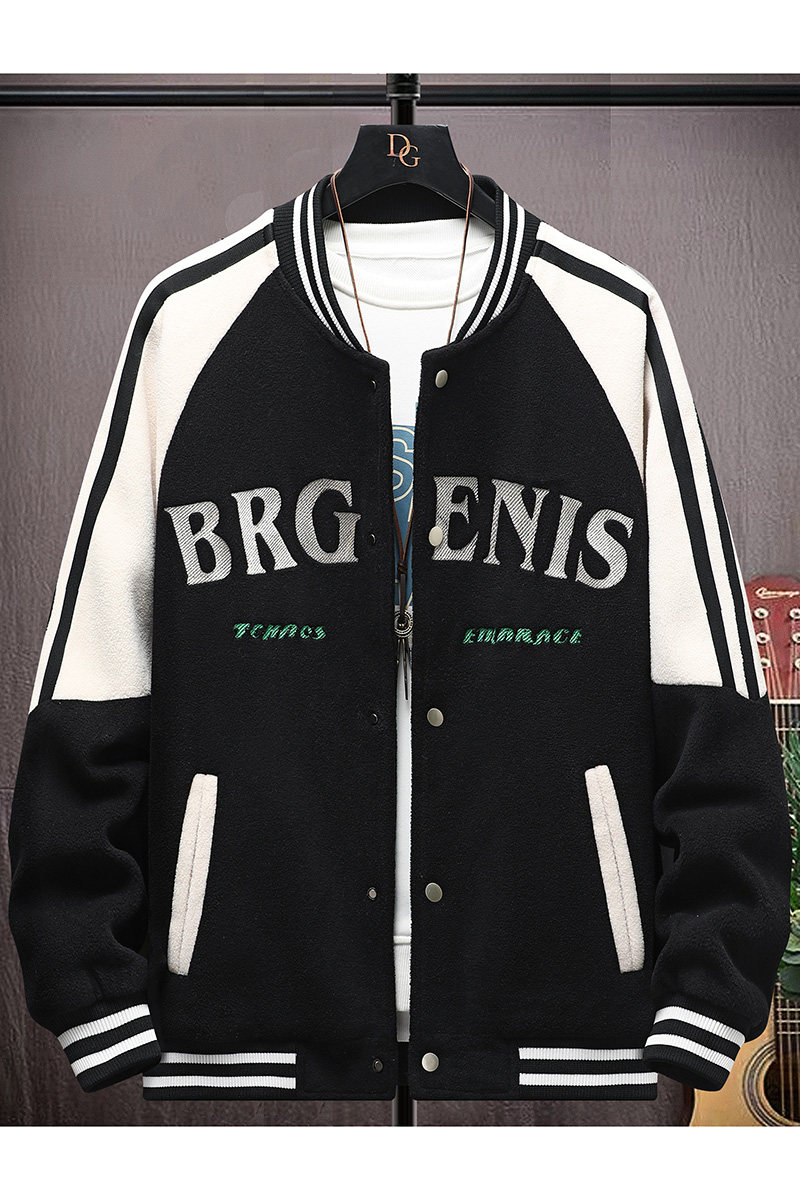 高质量直播颗粒绒拼接日系棒球服男夹克外套风衣棉服黑色9823P75,男装夹克,星座1207