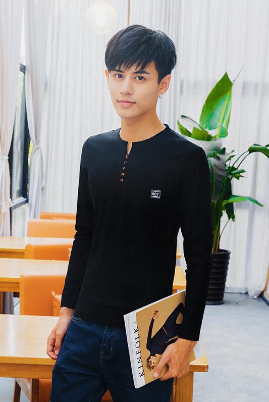 春秋卫衣男T恤男舒适棉贴身长袖V领5粒扣黑601P20,男装T恤,星座1207