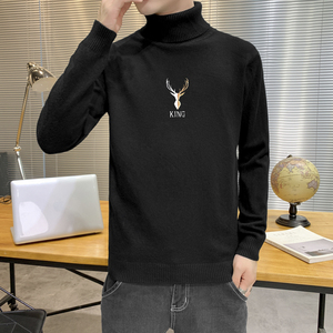 秋冬可翻高领毛衣男鹿头纯色长袖男刺绣毛衫打底针织衫黑M255P33图片