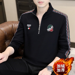 冬季加绒加厚卫衣男精工立领时尚简欧风打底衫店主风黑色9257P70图片