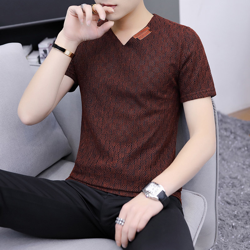 夏季主推T恤男镂空网眼打底衫大码V领短袖鸡心领卫衣卡617P20,男装T恤,星座1207