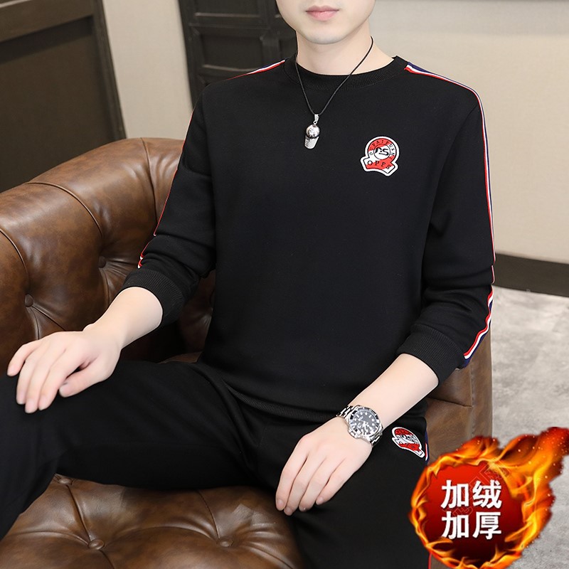 冬季时尚加厚套装简欧圆领休闲男士卫衣长袖长裤黑色9355加绒P130，男装休闲套装，星座1207