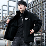 冬季棉衣拼接立领潮牌加绒加厚外套英文颗粒绒拉链模特白9125P100，男装棉衣，星座1207