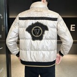 冬季简欧洲站羽绒服刺绣亮面90%白鸭商务立领厚外套杏色Y9183P280，男装羽绒服，星座1207
