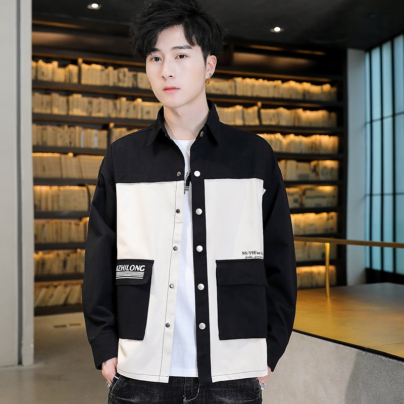 Autumn long sleeve work clothes shirt coat men's Japanese casual jacket men's big pocket loose port black