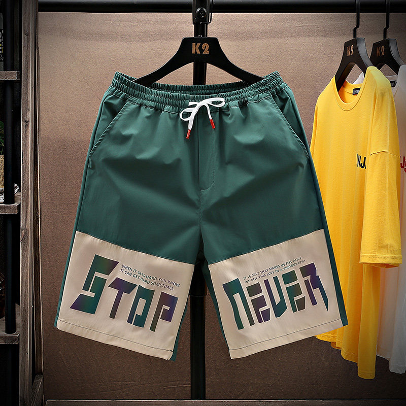 夏季休闲短裤港风大运动裤百搭下拼五分裤潮宽松沙滩裤绿，男装休闲裤，星座1207